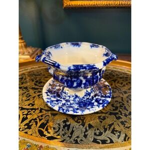 Antique Flow Blue Compote: Floral Transferware Octagonal Bowl